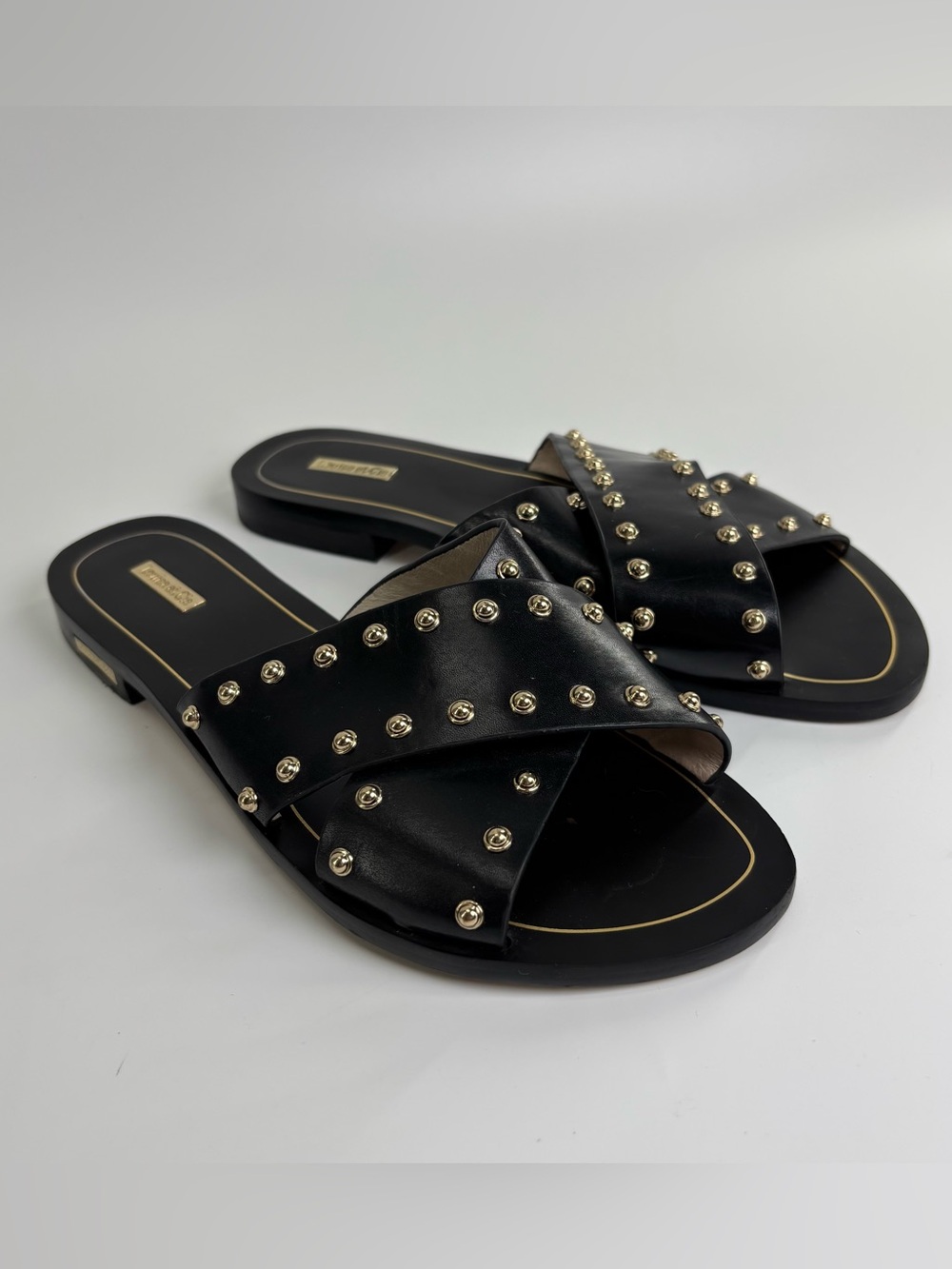 Louise et cie Bonnie gold studded slides black leather sandals 7.5